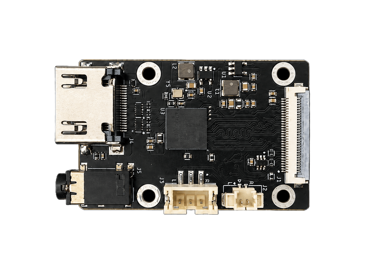 The 30-pin adapter, top view showing the HDMI receptacle, the RK628H bridge, the 30-pin FPC connector, and the analogue audio outputs