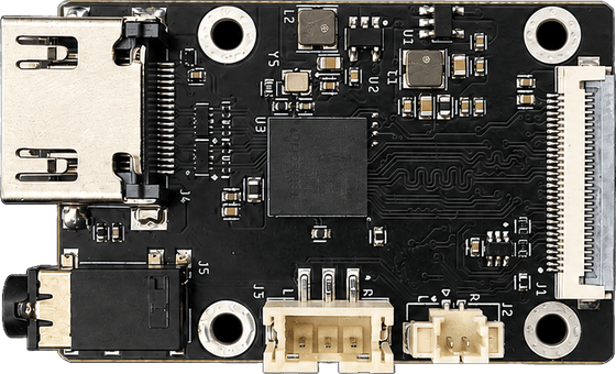 The adapter, top view showing the HDMI receptacle, RK628H bridge, 30-pin FPC connector, and the analogue audio outputs