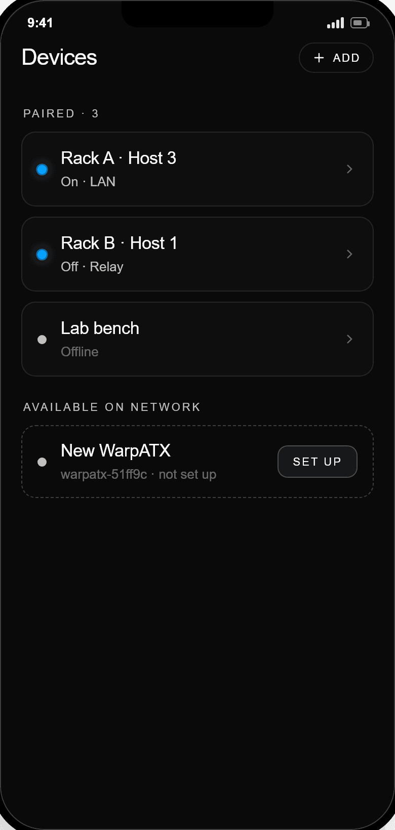 The home screen lists paired cards with their power state and connection