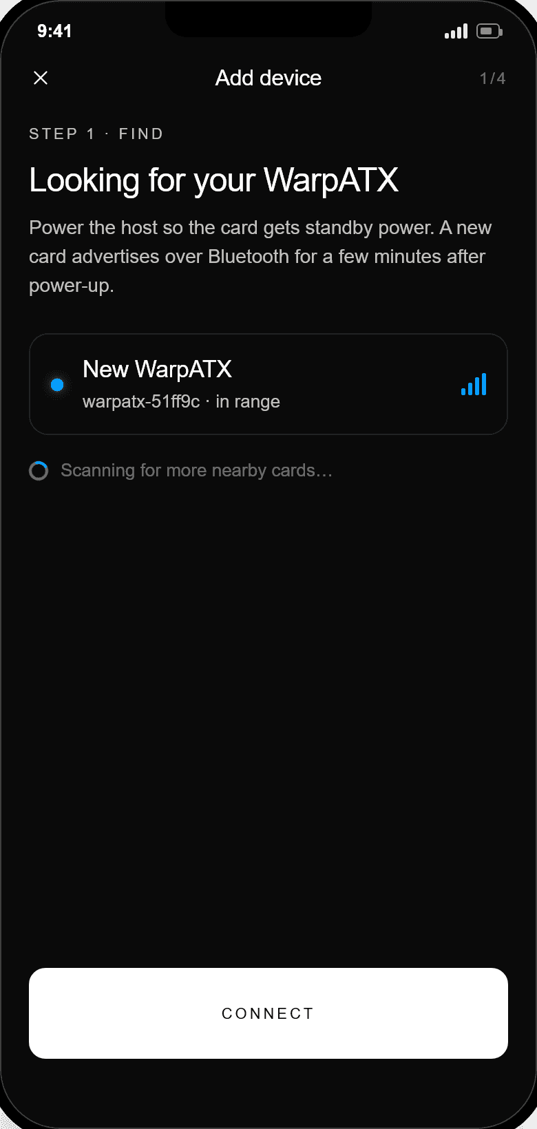 Find your card: the app lists a nearby unprovisioned card as WARP followed by its id