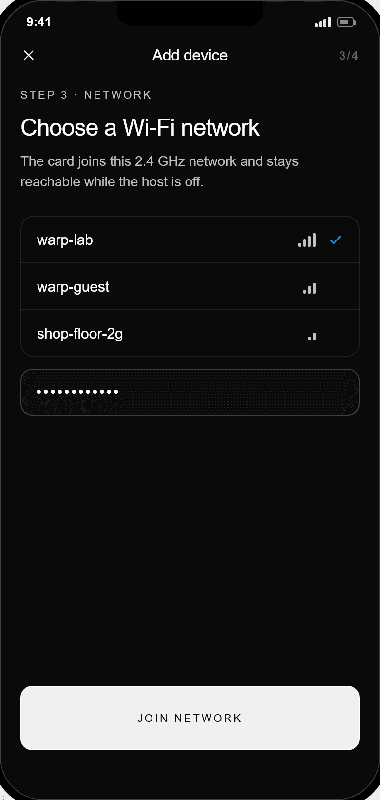 Choose a Wi-Fi network from the card's scan and enter the password
