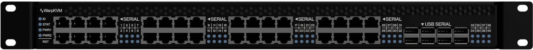 WO-3208 serial console, front panel with 32 RJ45 ports and 8 USB-A ports