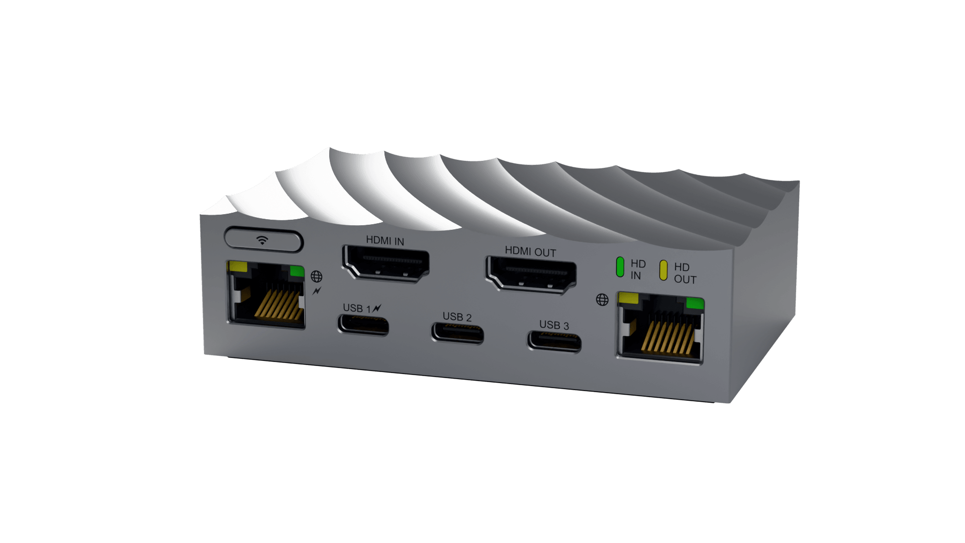 WarpKVM isometric rear view showing the warped aluminum top, dual Ethernet, HDMI in and out, and three USB-C ports