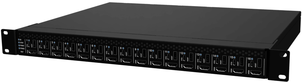 WK-1616-4K30-1U 16-port KVM chassis shown in three orthographic views