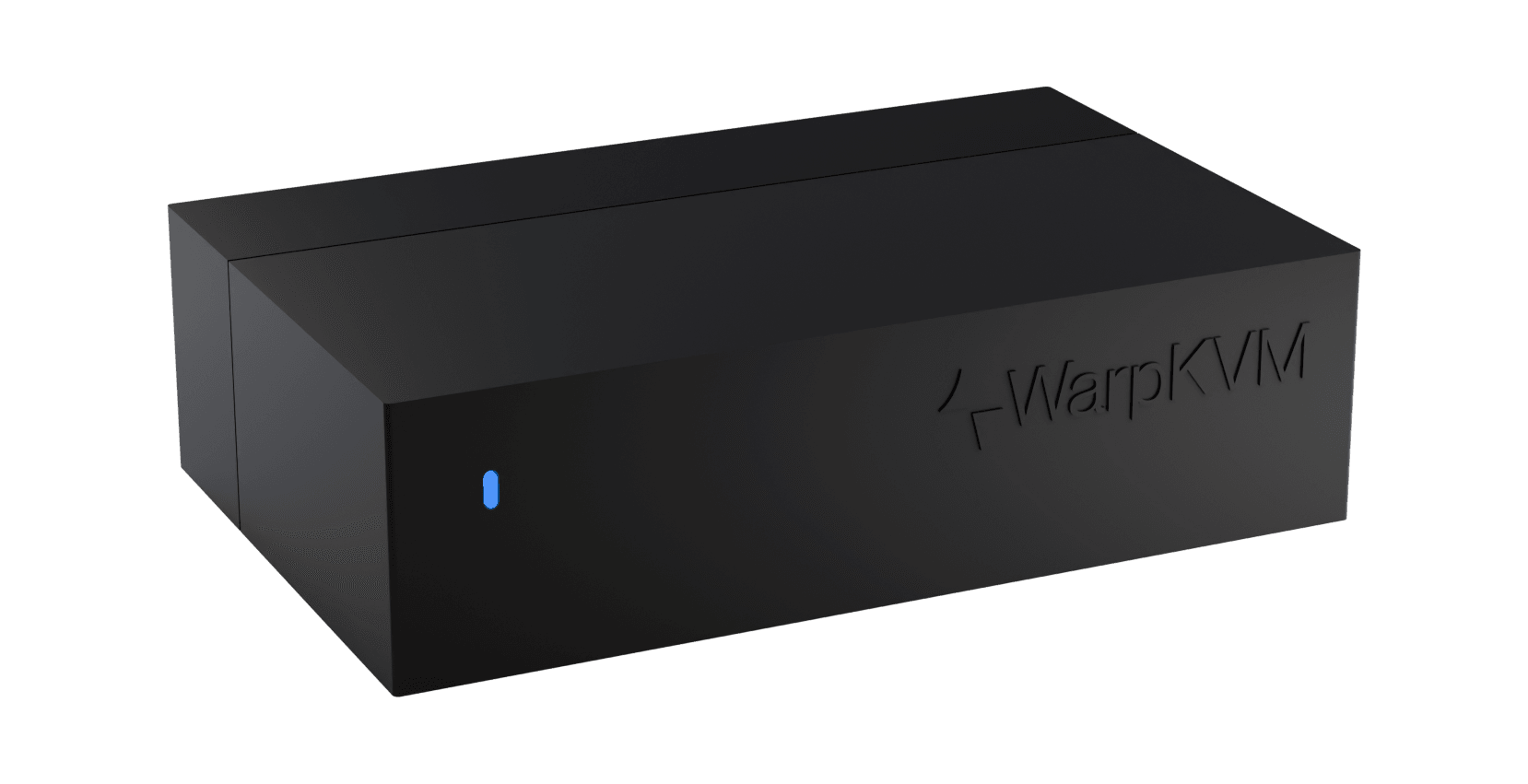 WarpKVM 02 isometric front view in its black anodized enclosure, status LED glowing warp blue