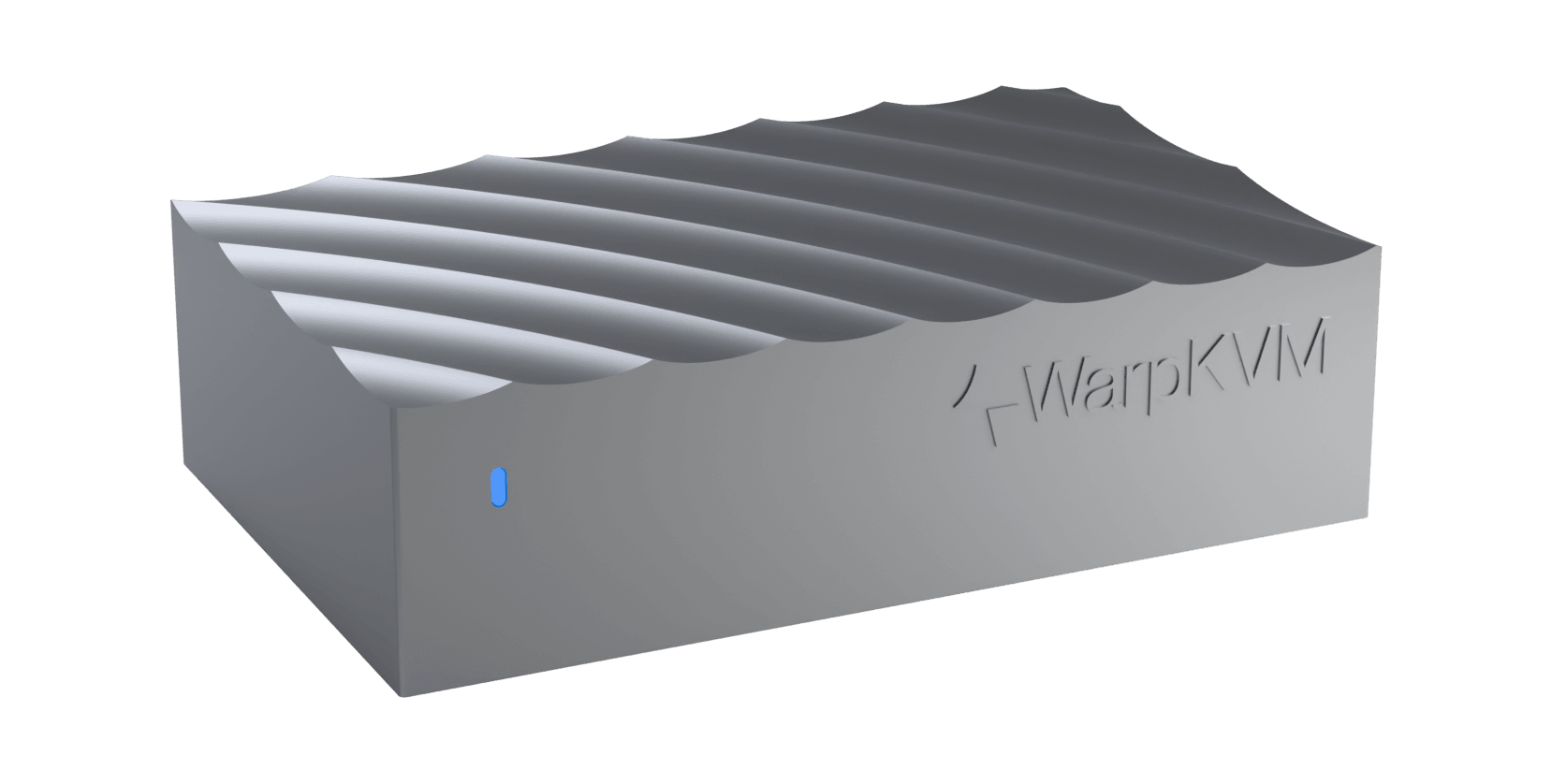 WarpKVM 01 isometric front view showing the warped aluminum top surface